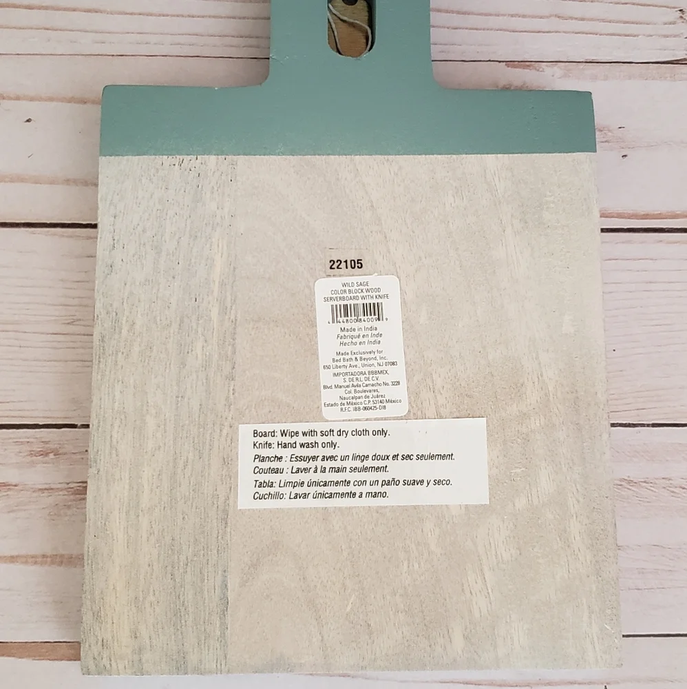 Rectangular Wood Serving Board with Knife in White/Light Blue